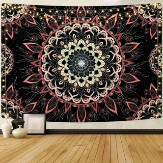Wandteppich – Indisches Boho-Mandala – 210 x 150 cm – Schwarz und rot-orange – Polyester – Für Schlafzimmer und Wohnzimmer