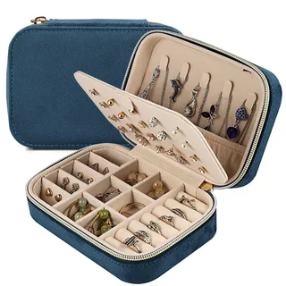 Dajasan Reise Schmuckkästchen, Klein Schmuckaufbewahrung, Schmuckschatulle für Damen Mädchen, Samt Schmuckbox, Schmuck Organizer für Ringe, Ohrringe, Halskette, Armbänder (Blau)