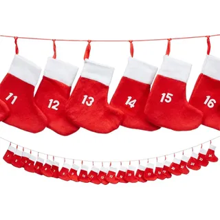 Adventskalender Socken 18x20cm Länge 260 cm Sockenkette Filz Söckchen zum Befüllen Weihnachtsstrumpf Adventszeit - Rot