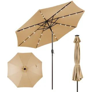 COSTWAY Sonnenschirm 300 cm mit LED-Solar-Beleuchtung, Gartenschirm mit Kurbel, beidseitig um 30° knickbar, Terrassenschirm mit 8 Rippen, Marktschirm für Garten, Balkon, Terrasse, Beige