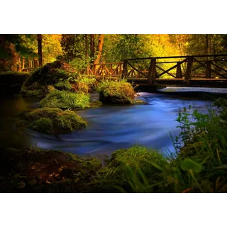 XXL Poster 100 x 70cm (S-847) Bach im grünen Wald mit filigraner Holzbrücke (Lieferung gerollt!)