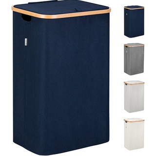Lonbet - Wäschekorb mit Deckel Groß - XL 100 Liter - Wäschekorb Holz Bambus - Wäschesammler Blau mit Griffen - Blue Laundry Basket - Laundry Hamper with Lid
