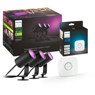 Philips Hue LED-Spot Lily, 3er-Set, Bridge, RGB, CCT, IP65 dimmbar, schwarz, Aluminium, Modern - 7 cm - 8.4 cm - 19.4 cm