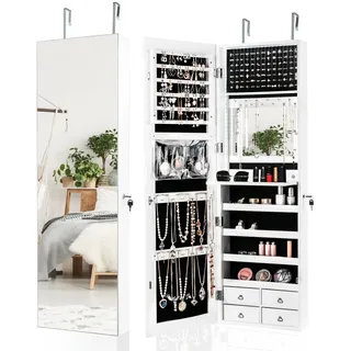 COSTWAY Schmuckschrank mit LED Beleuchtung, Schmuckregal mit Ganzkörperspiegel, Sipegelschrank mit 4 Schubladen, 4 Regale für Schmuck & Kosmetik, Schrank Tür- und Wandmontage (weiß)