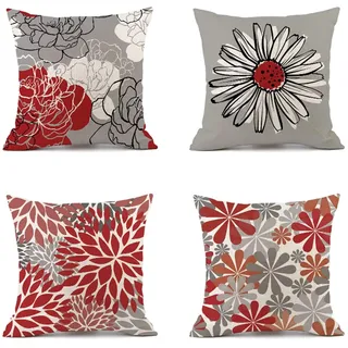 Kissenbezug 35x35 cm 4er Set Rot Kissenbezüge Blume Outdoor Kissen Leinen Sofakissen Dekokissen Gartenmöbel Kissen Kissenhülle couchkissen kissenhülle für Couch Wohnzimmer Büro Auto Decor Geschenke