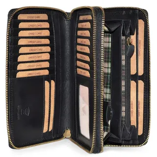 Benthill Damen Geldbörse Echt Leder XXL - Portemonnaie Groß mit RFID Schutz - Echtleder Vintage Damenbörse mit vielen Kartenfächer inkl. Gesche... - Schwarz