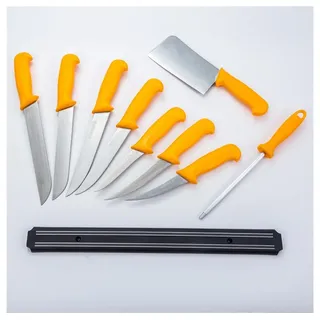 HOOZ Messer-Set Profi Fleischermesser 10-teilig mit Wetzstahl Ausbeinmesser Hackbeil (10-tlg), Magnetstreifen für ordentliche und griffbereite Aufbewahrung gelb