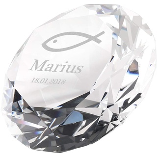 Diamant aus Glas mit Wunschgravur Kristall Glas 8cm Taufe - Geschenkidee für Kinder - Briefbeschwerer funkelndes Kristallglas - Motiv Fisch