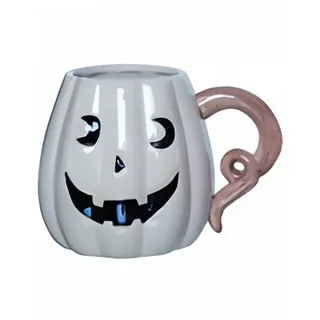 Horror-Shop Tasse Weiße Halloween Kürbis Tasse mit Strunk als Henkel, Keramik braun|schwarz|weiß