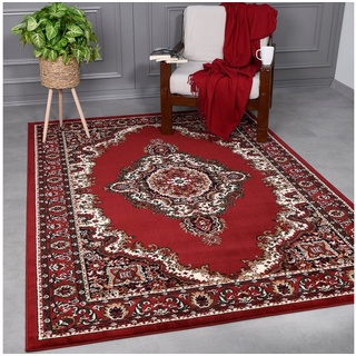 Orientteppich Kurzflor Teppich, Vimoda, rechteckig, Höhe: 8 mm, mit Kunstvollem, Rot, Klassisch, mit Bordüre, Wohnzimmer rot|schwarz