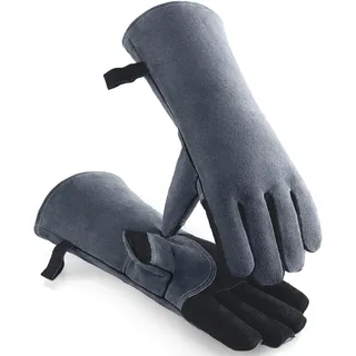 OZERO Grillhandschuhe Hitzebeständig, EN407 Zertifiziert, 16 Zoll Leder Kaminhandschuhe mit Aluminium-Isolierung, Extra Lange Ofenhandschuhe für BBQ, Grill und Kamin