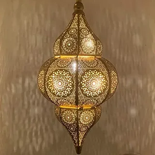 Saharashop Orientalische Indische Hängelampe Deckenlampe Jaya Gold, mit Aufhängekette Baldachin und E27 Lampenfassung, Schöne Dekoration für Wohnzimmer, Küche, Esszimmer, Büro oder Schlafzimmer