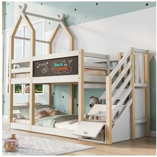 Merax Etagenbett Massivholz Hochbett, Kinderbett 90x200cm mit Stauraumtreppe Kreidetafel Rausfallschutz