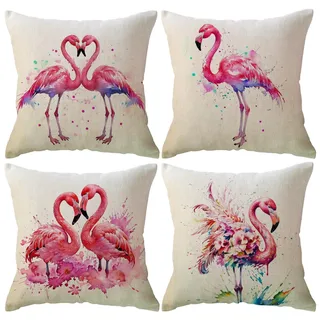 ULOVE LOVE YOURSELF Flamingo-Kissenbezüge mit tropischem Aquarell-Design, 45,7 x 45,7 cm, für Sofa, Couch, Veranda, rosa Flamingo, 4 Stück