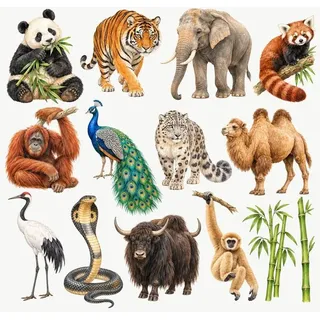 Wandtattoo Kinderzimmer Tiere Aus Asien, 14er Set, Großer Panda, Tiger, Elefant, Roter Panda, Orang-Utan, Wandsticker selbstklebend und ablösbar,... - Grün/Bunt