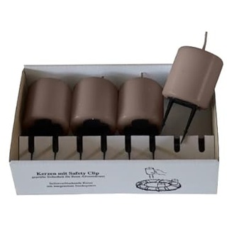 4er Set Adventskerzen, Stumpenkerzen mit Safety Clip und Kerzenstecker (Haltekrallen) Mocca Braun 6 x ∅ 5 cm