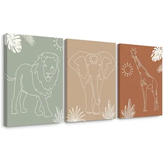 Safari Kinderzimmer Wandkunst Bilder Baby-Tier Leinwand Wanddekoration Boho Dschungel Wandkunst Kinder Minimalistisches Poster Elefant Giraffe Löwe Drucke Kinderzimmer Safari Kunstwerk für