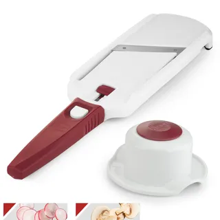 Börner Multi Slicer Set (Gemüseschneider + Fruchthalter) • Gemüsehobel für Scheiben in 2 Schnittstärken • Scheibenschneider für Obst & Gemüse • Kompakter Küchenhobel • Farbe: Weiß