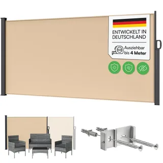 STEELSØN Seitenmarkise Zirella mit individuell einstellbarer Länge (beige, 160x400 cm) Windschutz mit Griff, Sichtschutz ausziehbar, für Garten/Terrasse beige 400 cm x 160 cm
