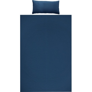 REDBEST Bettwäsche, Bettgarnitur Seersucker Uni Detroit - weich, schnell trocknend, bügelfrei, mit Reißverschluss - dunkelblau Größe 155x220 cm (40x80 cm)