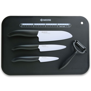 Kyocera Keramikmesser Set- 3 Messer Griff schwarz + Keramikschäler + Schneidunterlage Fb. schwarz