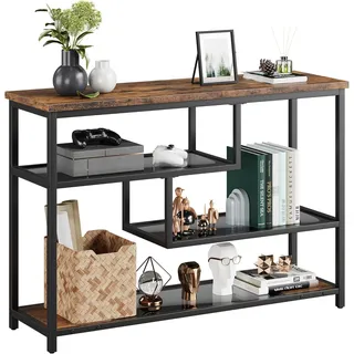 Konsolentisch 4 Ebenen, Beistelltisch mit Offnen Fächern Eingangstisch Schmal mit Glasablagen und Metallrahmen Industrial Flurtisch für Wohnzimmer, Foyer, Schlafzimmer, 100 x 30 x 75 cm Rustikal Braun