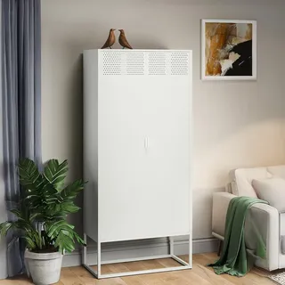 skølm Izar Metall Kommode – Wohnzimmerschrank in Weiß – Metallschrank mit 4 Fächern & Doppeltüren – Sideboard für Wohnzimmer – Mehrzweckschrank 80 cm breit – Highboard Industrial Style