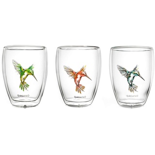 Creano doppelwandige Tee-Gläser, Cappuccino-Glas, Thermoglas Hummi im Kolibri Design, 3er Set, 250 ml in exklusiver Geschenkbox, blau/rot/grün