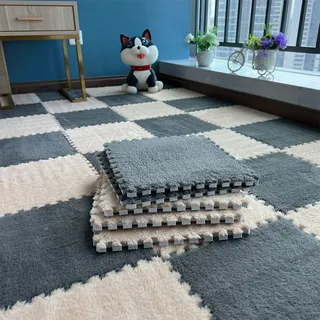 Haklein Plüsch-Schaumstoff-Bodenmatte, 30 x 30 x 1 cm, Spielmatten, Puzzle-Teppich, Schaumstoff-Bodenfliesen, rutschfest, weich, ineinandergreifend, Teppich für Raumdekoration, 10 Stück, Grau und