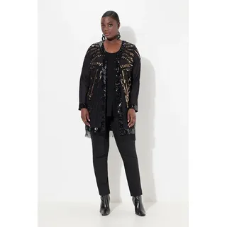 Ulla Popken Kimono Jacke Perlen Pailletten V-Ausschnitt Langarm, Langform, Materialmix schwarz 58/60
