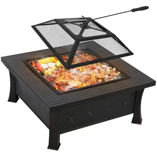 Femor Feuerschale 81x81cm 3-in-1 Multifunktionaler Feuerkorb aus Eisen, (mit Funkenschutz, Grillrost, Kohlennetz & Schürhaken, Garten Feuerstelle zum Heizen), Grillen & Kühlen von Getränken für Innen und Außen 81 cm