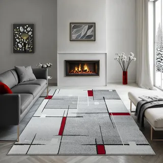 the carpet Pearl – Moderner Kurzflor Teppich, dichter Flor, geometrisches Muster, Konturenschnitt, Wohnzimmer & Schlafzimmer Teppich, Kariert, Grau Rot, 200 x 280 cm