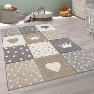 Paco Home Teppich Kinderzimmer Junge Mädchen Kinderteppich Spielteppich Kurzflor 3D Optik Pastell Punkte Herzen Krone, Grösse:200x290 cm