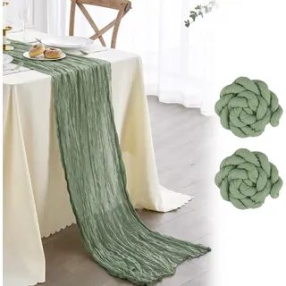 FOLAI 2 Stück Boho Tischläufer aus Käsetuch Table Runner Table Cloth – Rustikale Hochzeitstischdeko für Brautdusche, Geburtstag & Feiern (90x300cm) – Öko-Baumwolle & Wiederverwendbar (hellgrün)