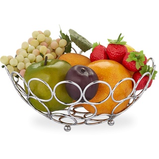 Relaxdays Obstschale, modernes Design, stehend, für Obst, Gemüse, Brot, rund, Obstkorb, Metall, HxD: 9 x 22,5 cm, silber