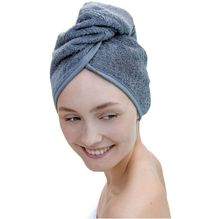 Haarturban grau 100% Baumwolle I Kopfhandtuch, Turban Handtuch mit Knopf & Schlaufe
