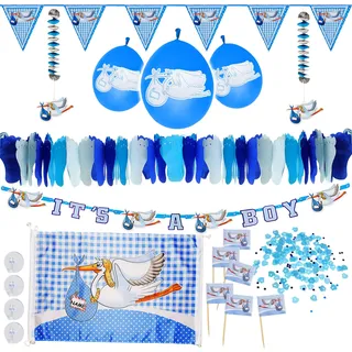 alles-meine.de GmbH XXL Partyset - über 1100 Teile Dekoration - Baby - Jungen - blau - inkl. Name - zur Geburt/Taufe/Baby Shower/Pullerparty - wasserfest - Girlande/Wim..