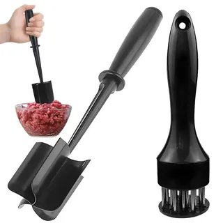 2-teiliges Hackfleisch Zerkleinerer Set, Fleischstampfer für Burger | Nylon-5-Klingen-Stampfer und Edelstahl-Fleischklopfer, für Hackfleisch, Schnitzel, Burger, Kartoffeln und Gemüse