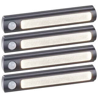 Luminea Lichtleisten: 4er-Set Batterie-LED-Schrankleuchten, PIR- & Lichtsensor, 0,6W, 3000 K (Schrankleuchten zum Kleben, LED Schrankleuchte mit Sensor, Kabellose Lampen)