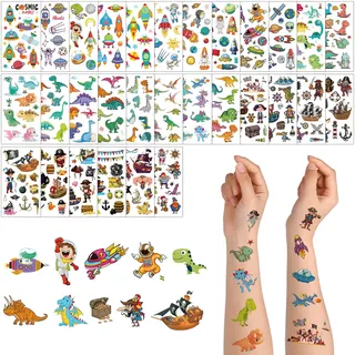 ACWOO Tattoo Kinder, 350+ Stücke Wasserdichte Kindertattoos Aufkleber mit Dinosaurier Weltraum Pirat, Temporäre Tattoos für Kindergeburtstag Party Mitgebsel Hautfreundliche Temporäre Kindertattoos