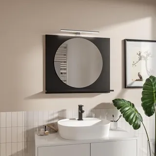 Runder LED-Badspiegel mit Ablage 70x60 cm ⌀55 cm Schwarz – Badezimmerspiegel Wandspiegel - Schwarz