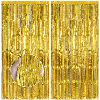 Feibmir 2 Stück Metallische Lametta Vorhänge,Glitzer Vorhang Deko,Folie Fringe Hintergrund Dekorative,für Geburtstagsfeier Baby Shower Hochzeit Weihnachten Dekorationen (Gold)