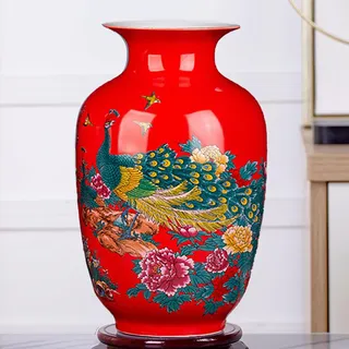 MTME Porzellanfiguren, Jingdezhen Pfau, dekorative Blumenvase, Heimdekoration, Hochzeitsgeschenke, ästhetische Skulptur, Heimdekoration (rot)