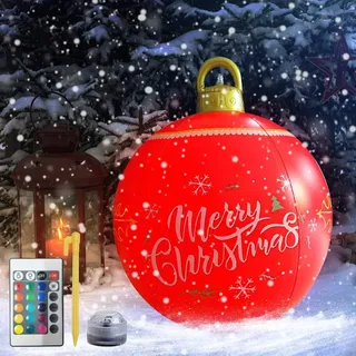 Aufblasbare Weihnachtskugeln Rot, CJBIN 60cm Aufblasbarer Weihnachtsball,Weihnachten Aufblasbar Ball mit 16 Farben Led,Fernbedienung,Erdspieß,Beleuchtete Weihnachtskugeln für Hof, Weihnachtsdekoration