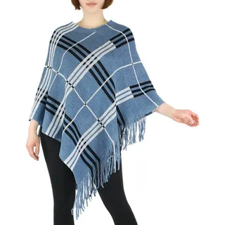 dy_mode Strickponcho Damen Strick Poncho Kariert Fransenponcho Überwurf Cape Pullover in Karo Muster, mit Fransen blau