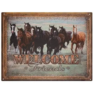 Moritz Metallschild Blechschild Welcome Friends Pferde Rudel, (Einzeln), 25 x 33 cm Vintage Retro Deko Schild Metallschild Wandbild Schild bunt