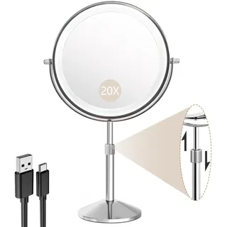BTremary Schminkspiegel mit Beleuchtung 8", 20fach Vergrößerungsspiegel mit Licht, Höhenverstellbar Spiegel mit Beleuchtung for Badezimmer, 360° Drehbar Vergrößerungsspiegel für Details (Silber)