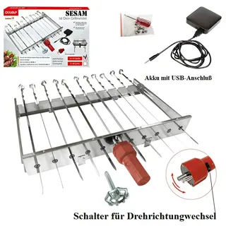 Mangal Schaschlik Grill Spießdreher Edelstahl Sesam für 9 Spieße Motor mit USB Anschluss + Powerbank