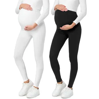 Be Mammy Lange Umstandsleggings 2er Pack aus Baumwolle Leggings für Schwangere Umstands Leggings Schwangerschafts Unterhosen mit Hoher Bund BE20-230 (Schwarz/Weiß, XL) - XL
