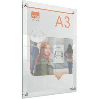 NOBO A3 Posterrahmen aus Acryl, rahmenlos, Eckbefestigung, Hoch-/Querformat, Premium Plus transparent, 1915590